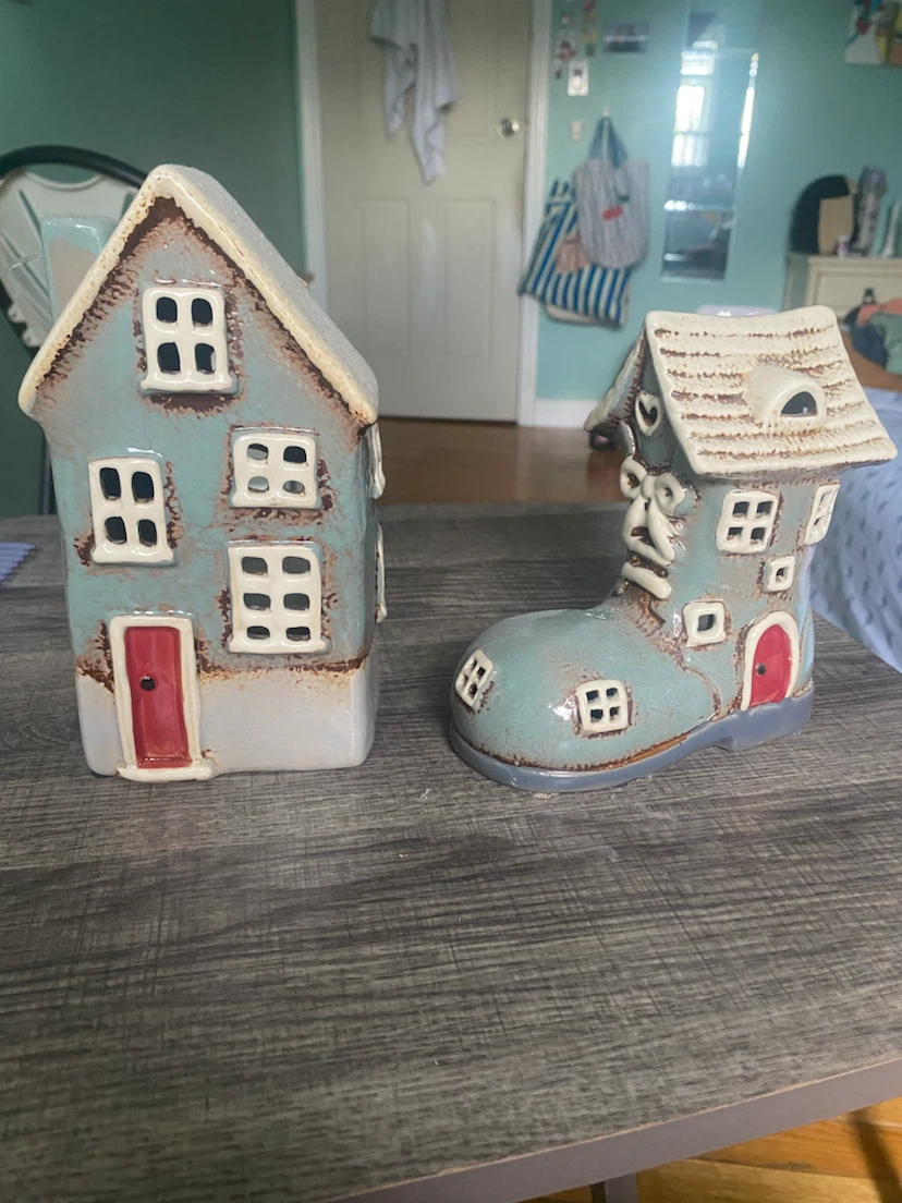 Set of Two Ceramic House Tealight Holders
