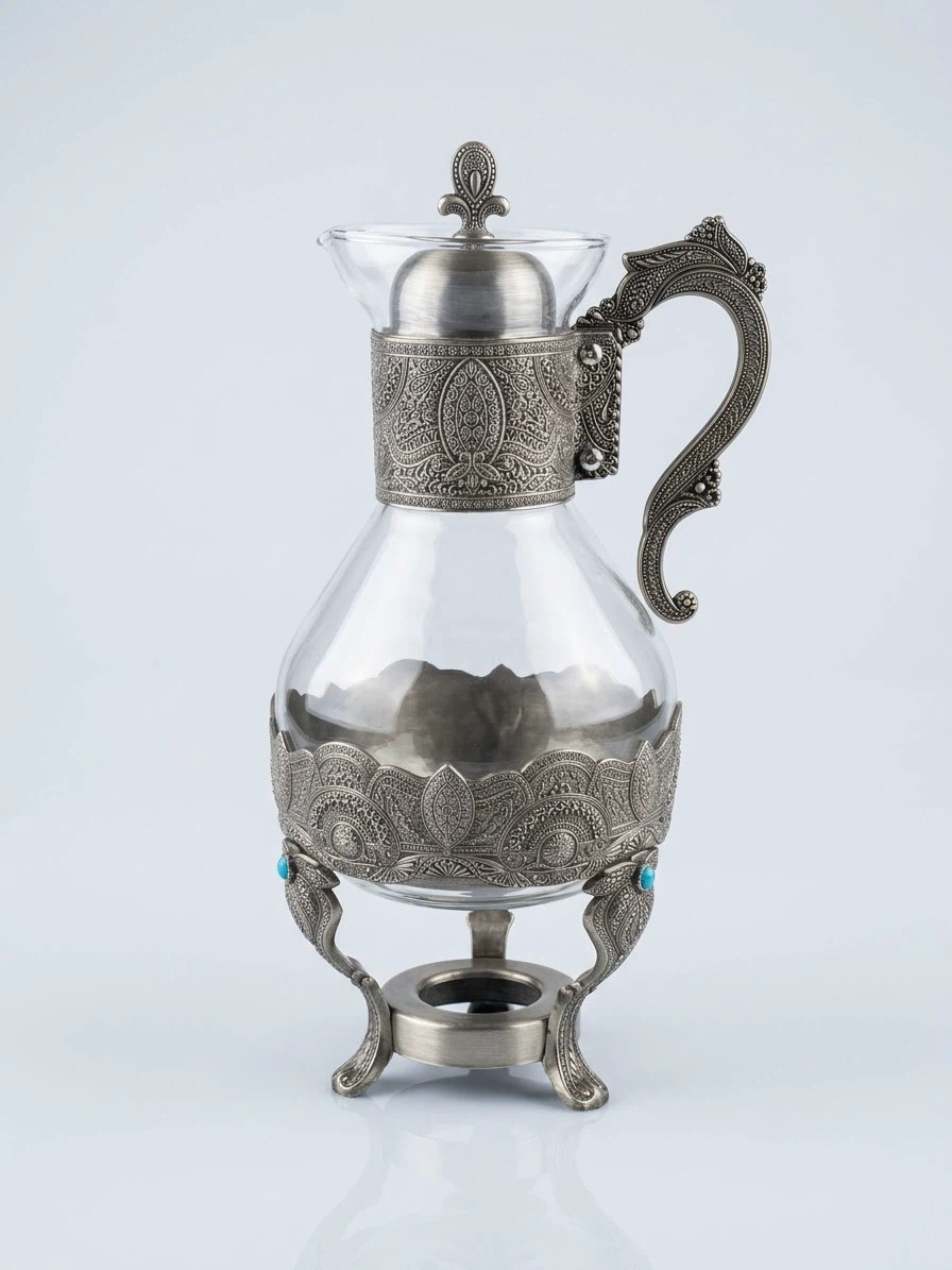 Vintage Ornate Glass Carafe & Warmer Stand