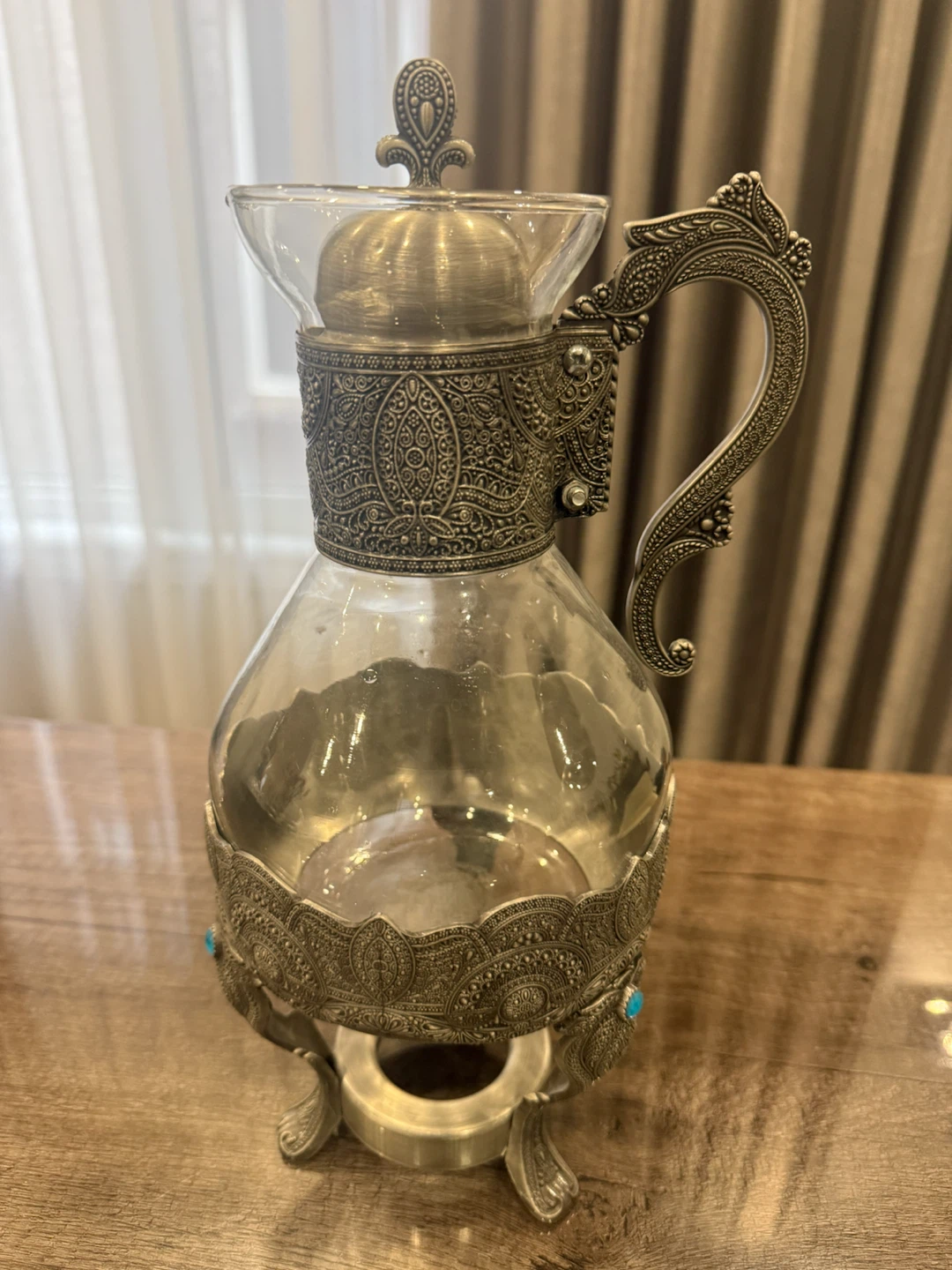 Vintage Ornate Glass Carafe & Warmer Stand - photo 2