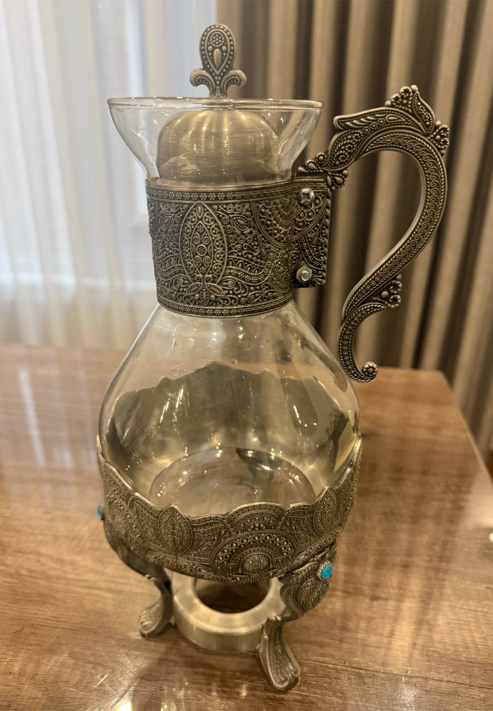 Vintage Ornate Glass Carafe & Warmer Stand - photo 3
