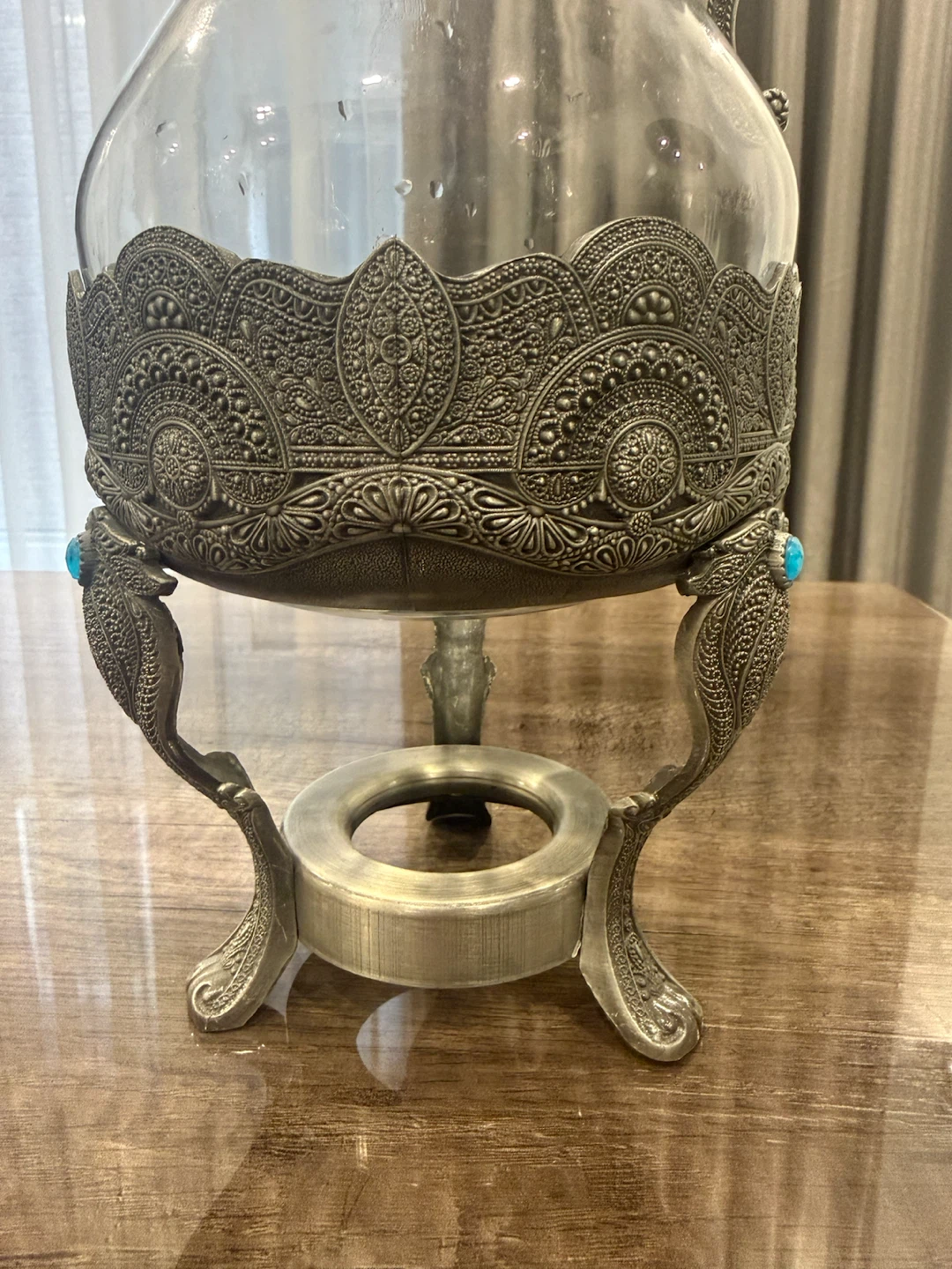 Vintage Ornate Glass Carafe & Warmer Stand - photo 4
