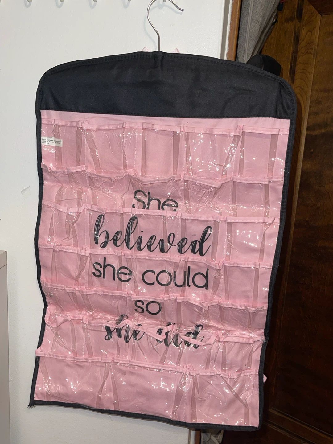 Jewelry Hanging Organizer Pink with Quote