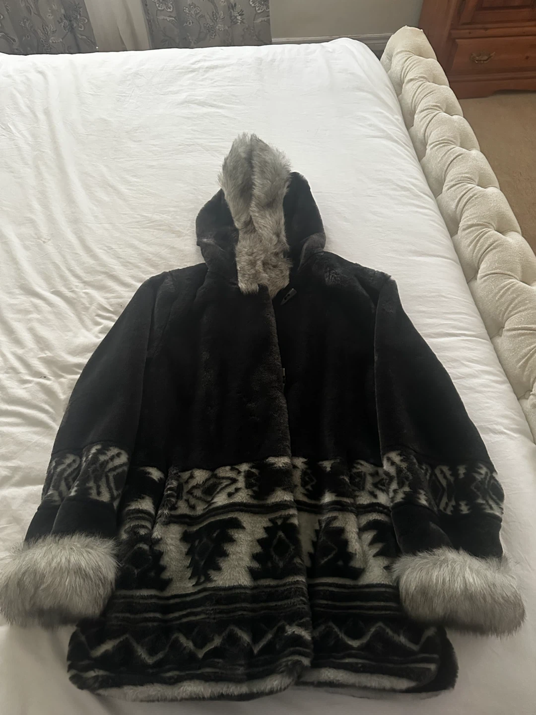 Black Patterned Faux Fur Hooded Coat