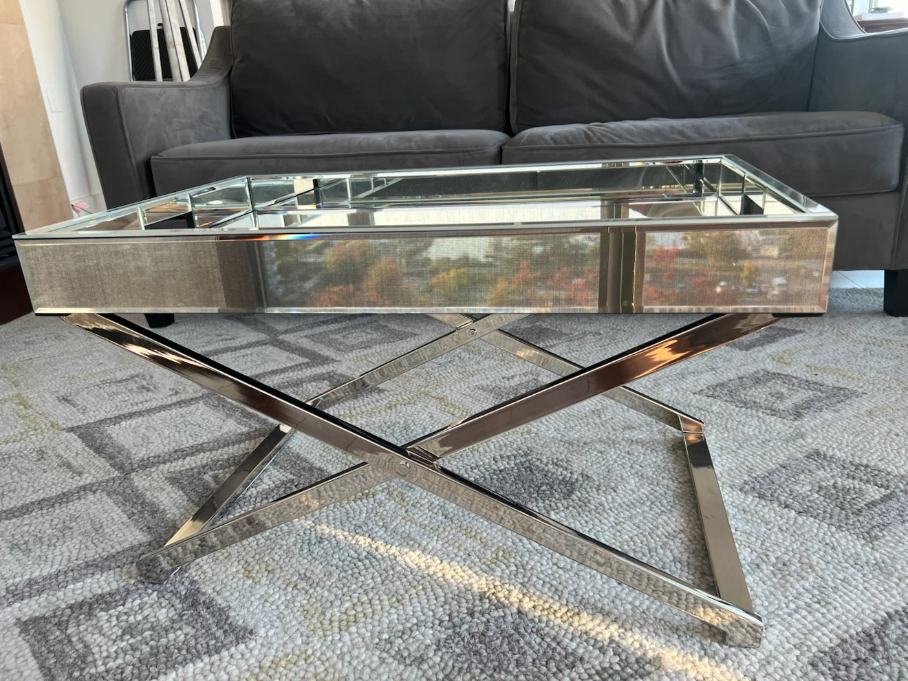 Butler Tray / Mirrored Coffee Table with Chrome Base - photo 2