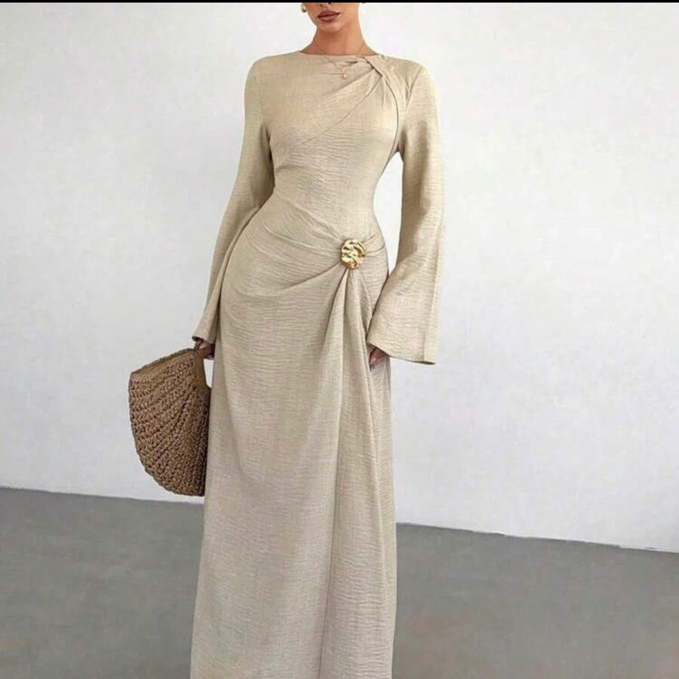 Beige Long-Sleeve Maxi Dress