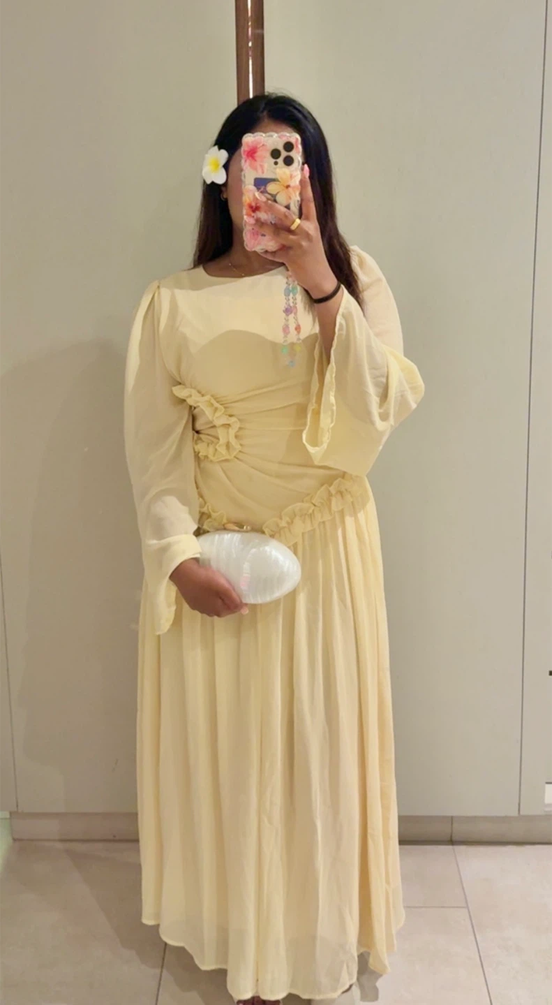 Pastel Yellow Long Sleeve Ruffle Detail Dress