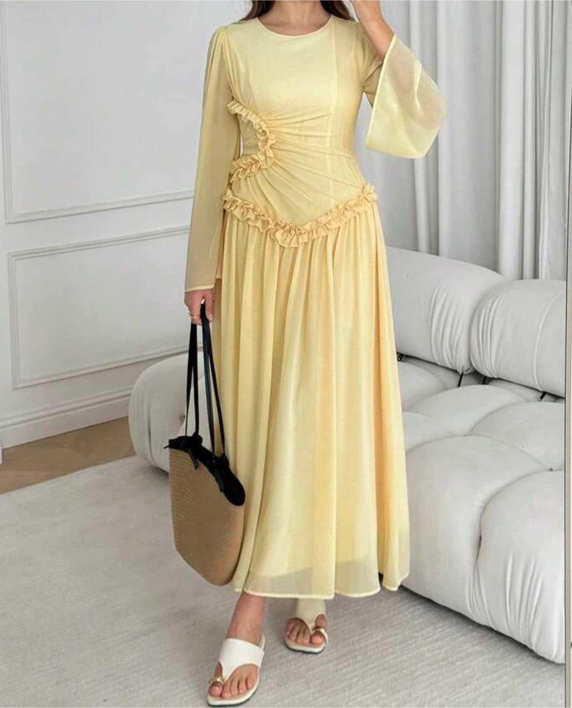 Pastel Yellow Long Sleeve Ruffle Detail Dress - photo 2
