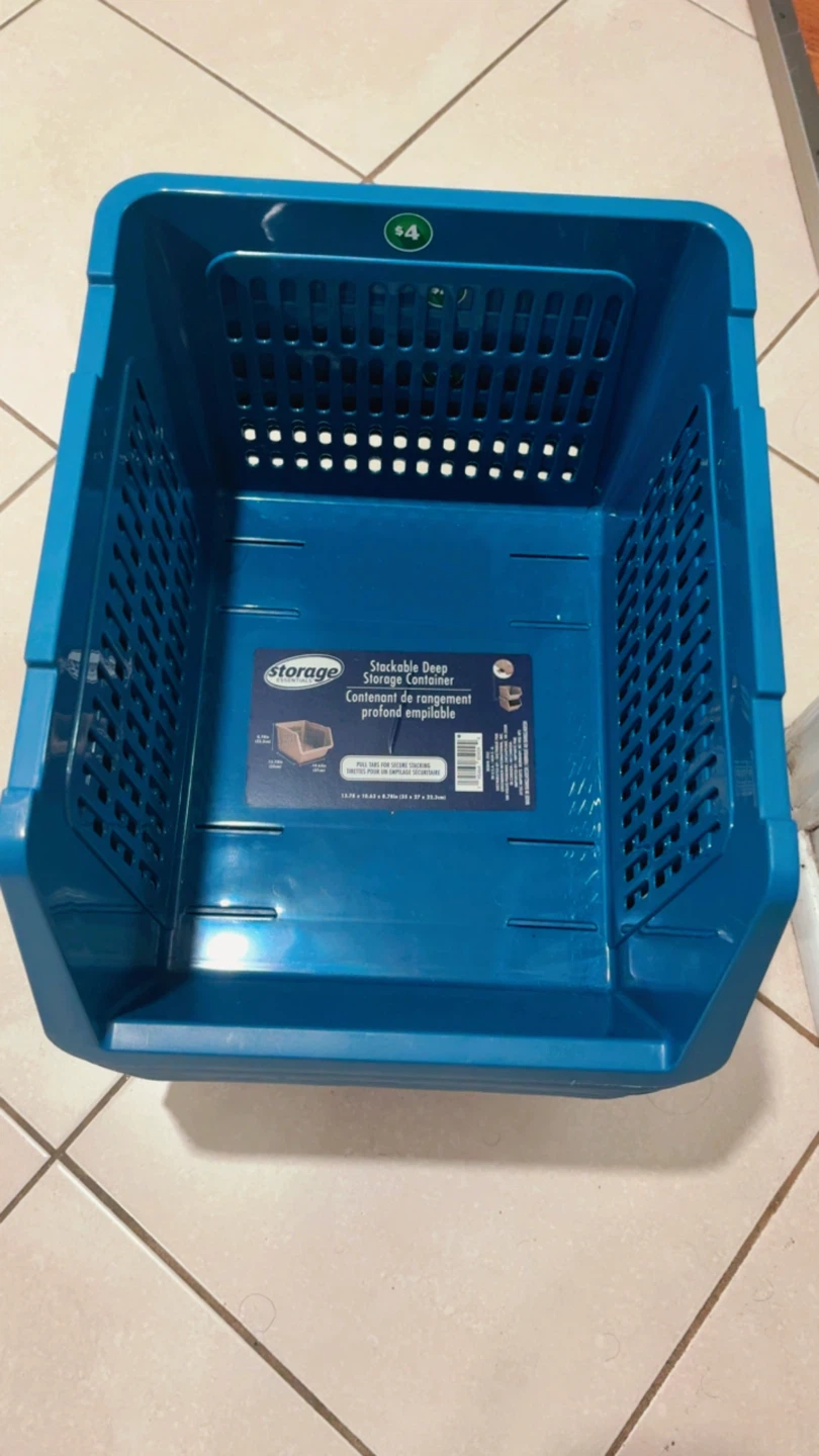$3 per container—-5 Storage Essentials Stackable Deep Bins