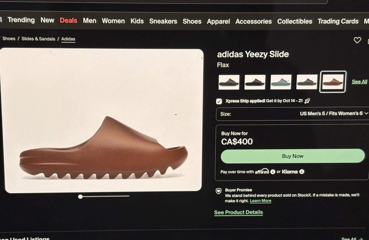 Adidas Yeezy Slide Flax US Men's 5