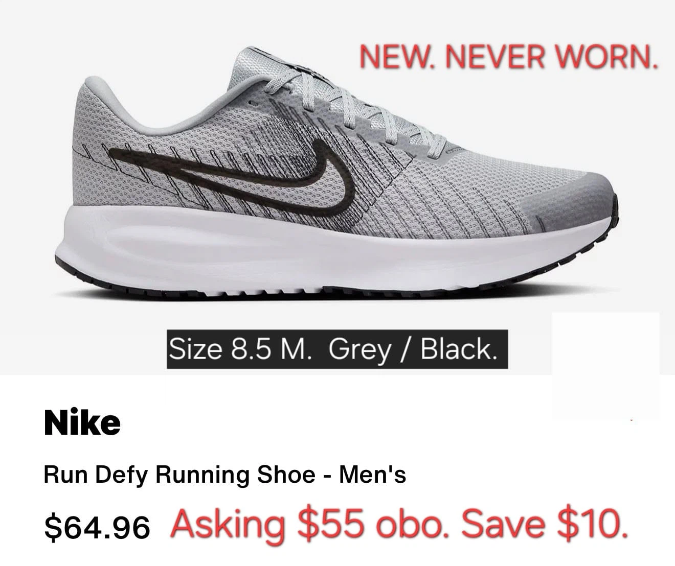 Nike Run Defy Running Shoes Mens Size 8.5 Grey