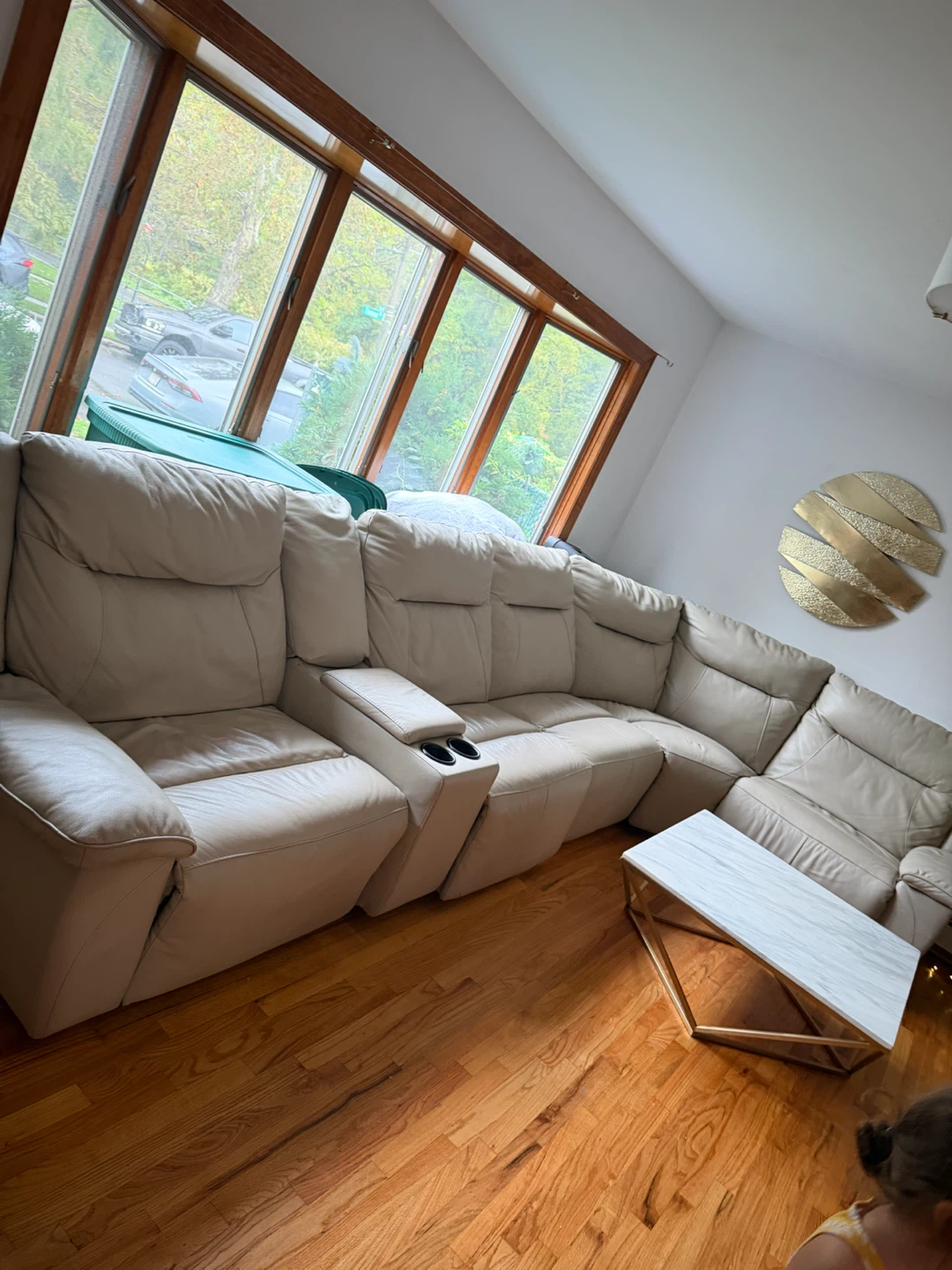 Cream Leather Reclining Sectional Sofa