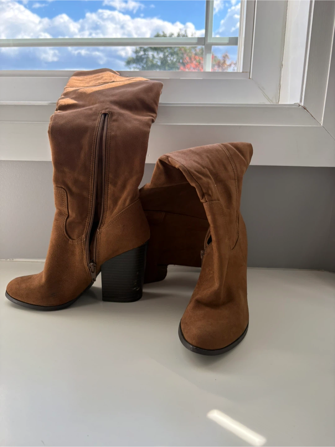 Brown Suede-Look Block Heel Boots