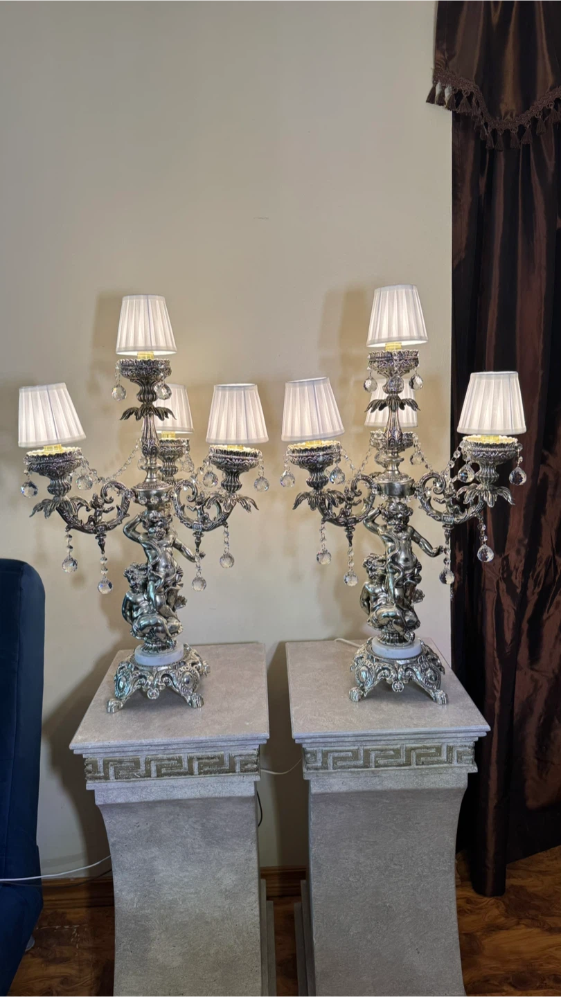 Vintage Pair of Gold Cherub Brass Candelabra Table Lamps