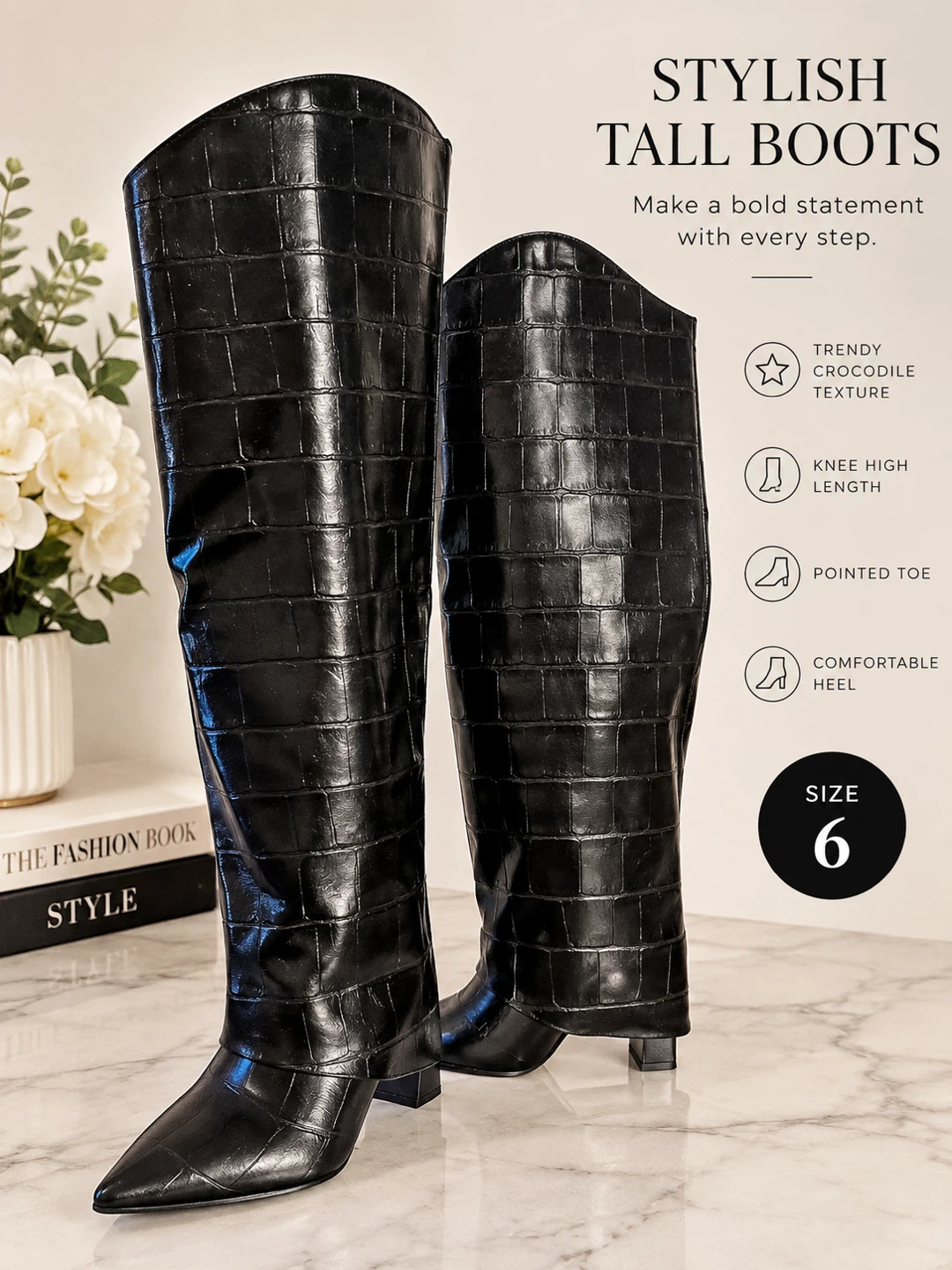 Black Crocodile Texture Knee High Boots Size 6
