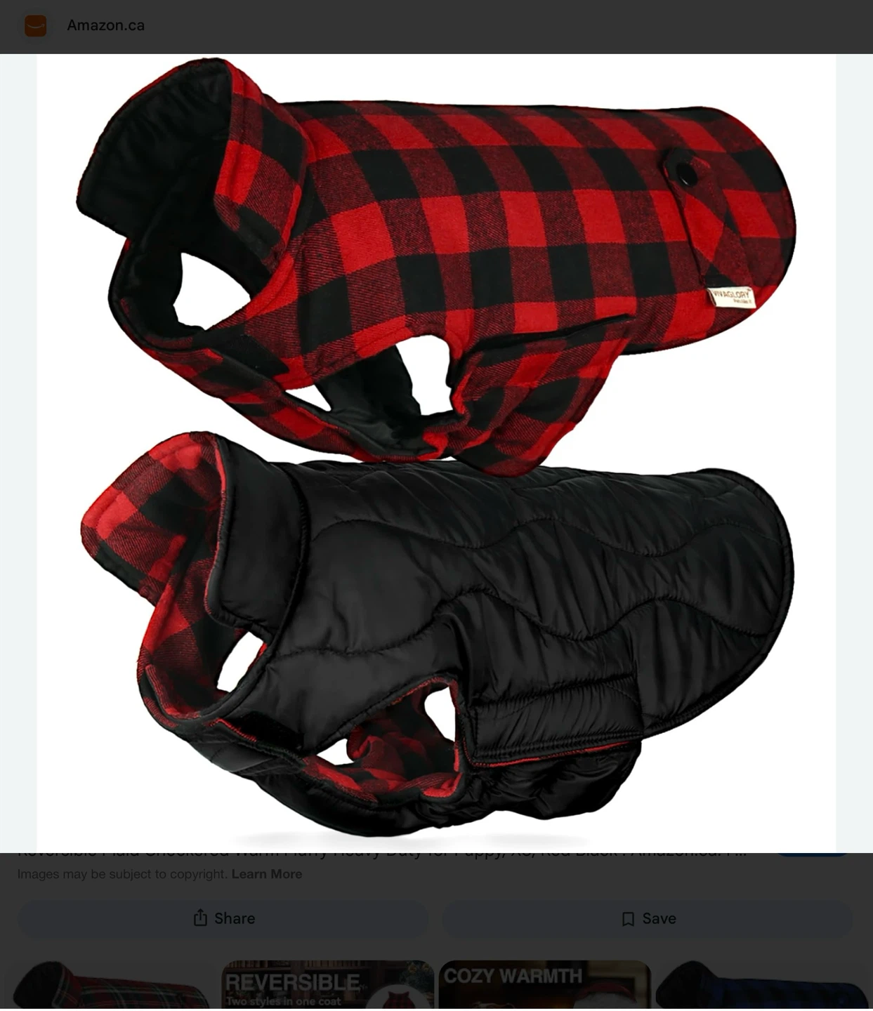 New Reversible Plaid Dog Coat - Red Black - Size S
