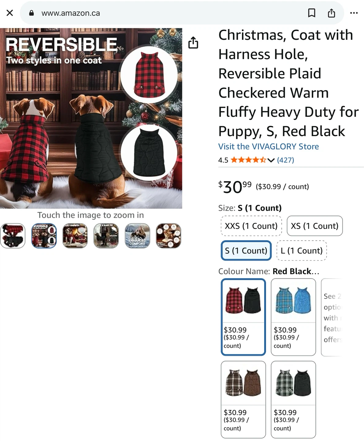 New Reversible Plaid Dog Coat - Red Black - Size S - photo 5