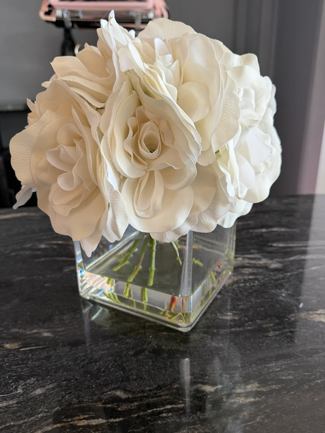 Artificial White Rose Bouquet in Square Glass Vase - photo 2