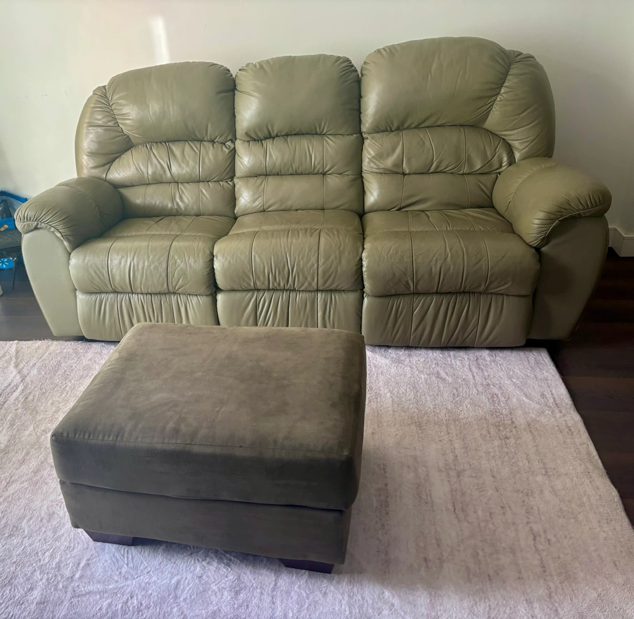 Sage Green Leather Reclining Sofa and Ottoman - MOVING SALE - photo 2