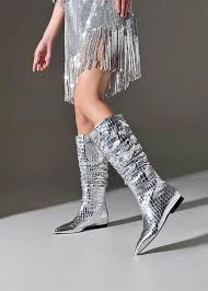 Silver Metallic Croc-Embossed Slouchy Boots