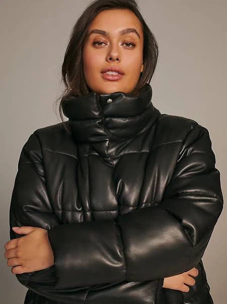 EDC Black Faux Leather Puffer Jacket
