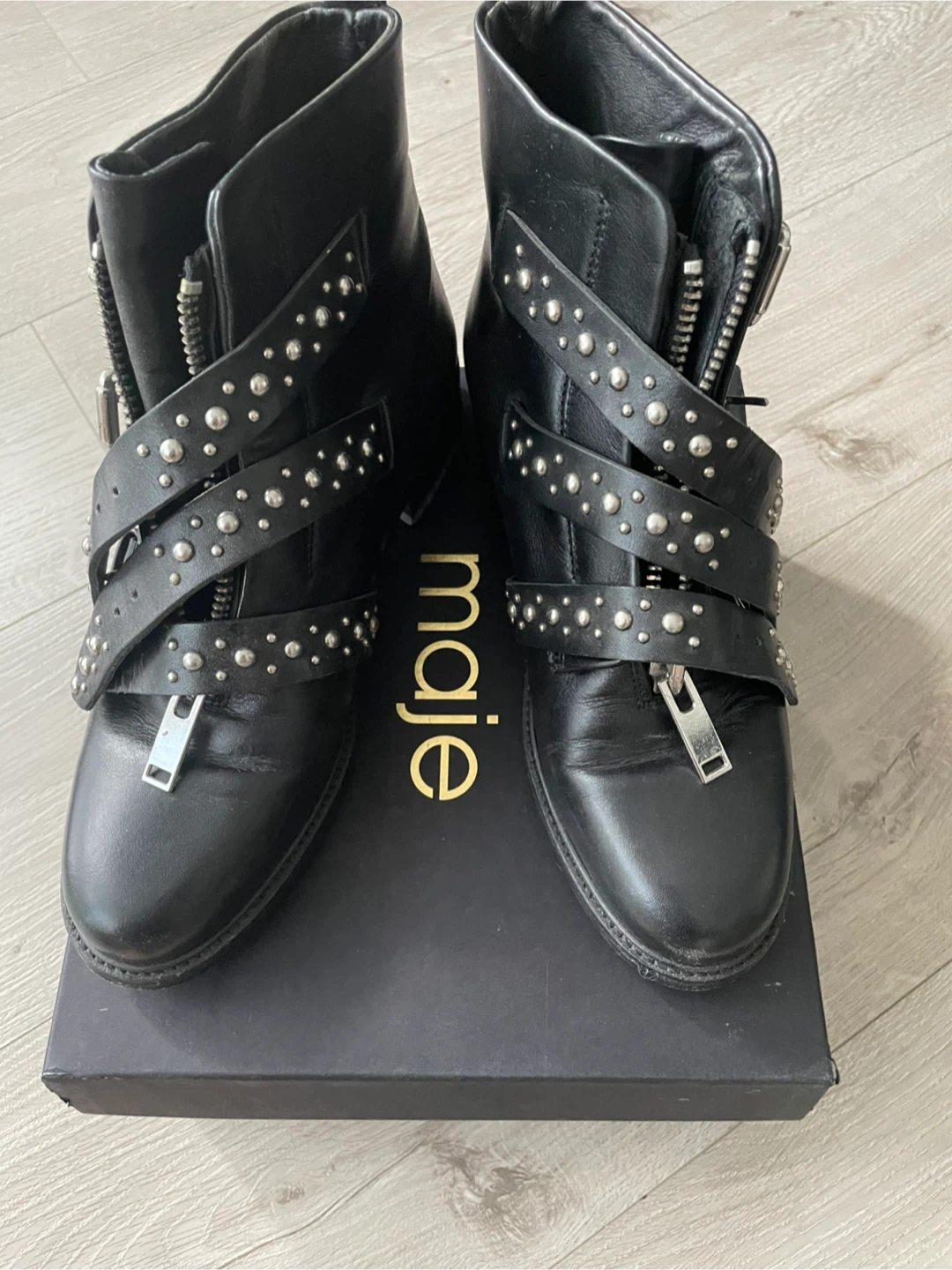 Maje black leather studded ankle boots