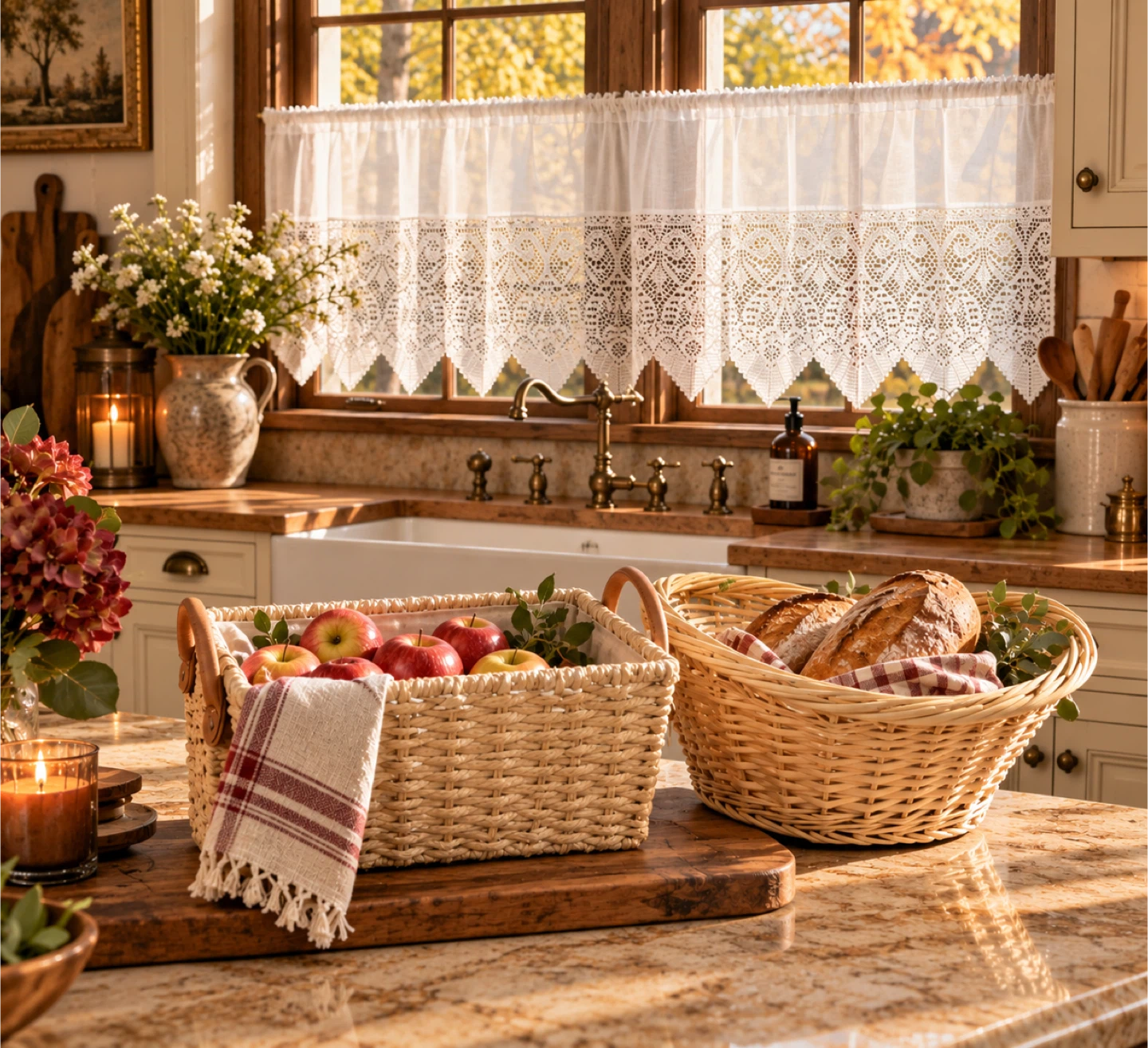 Lace Curtains & Wicker Basket Set