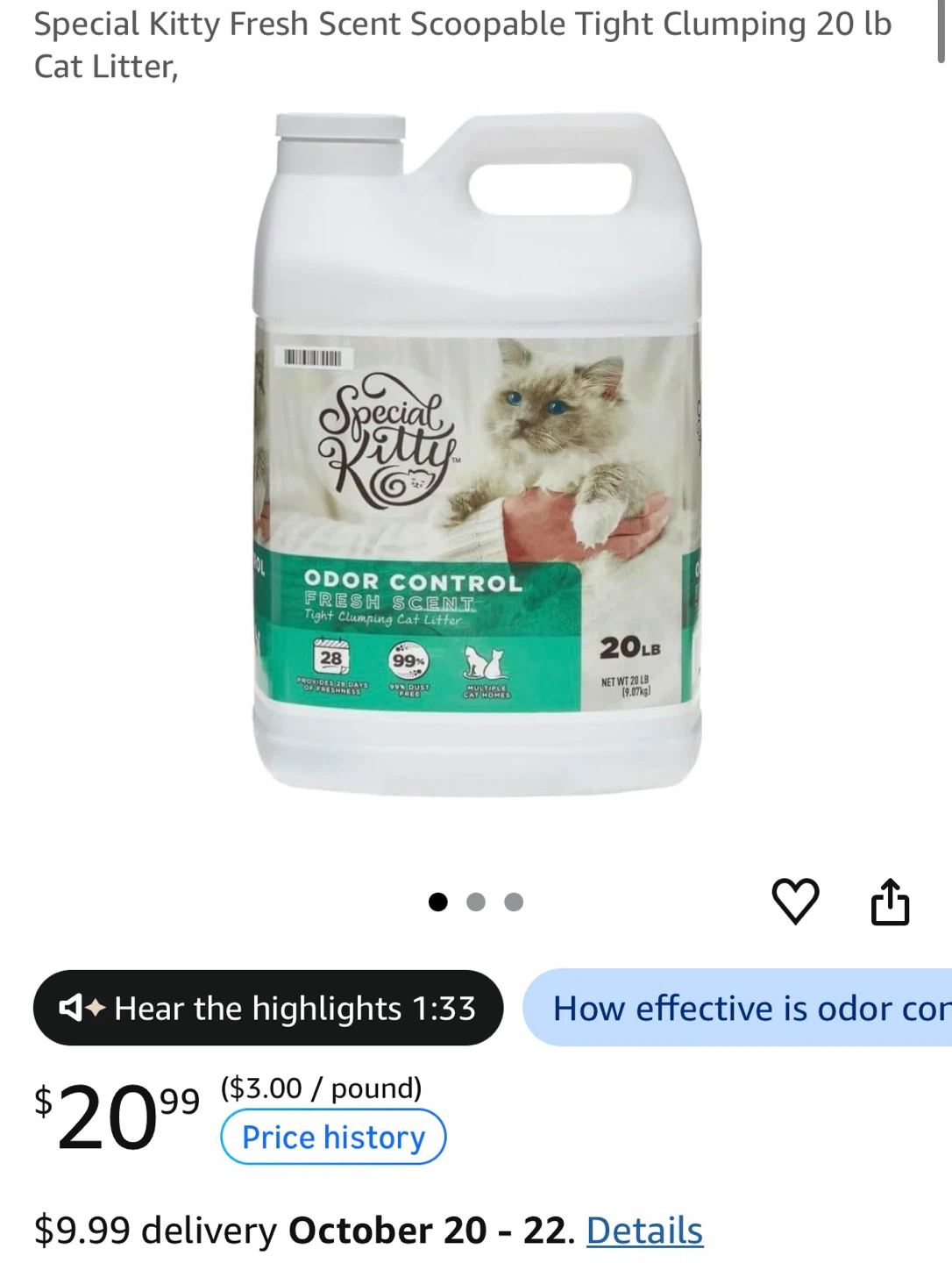 Special Kitty Odor Control Fresh Scent Cat Litter 20lb