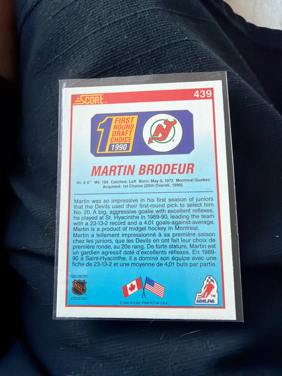 1990 Score Martin Brodeur First Round Draft Choice Card