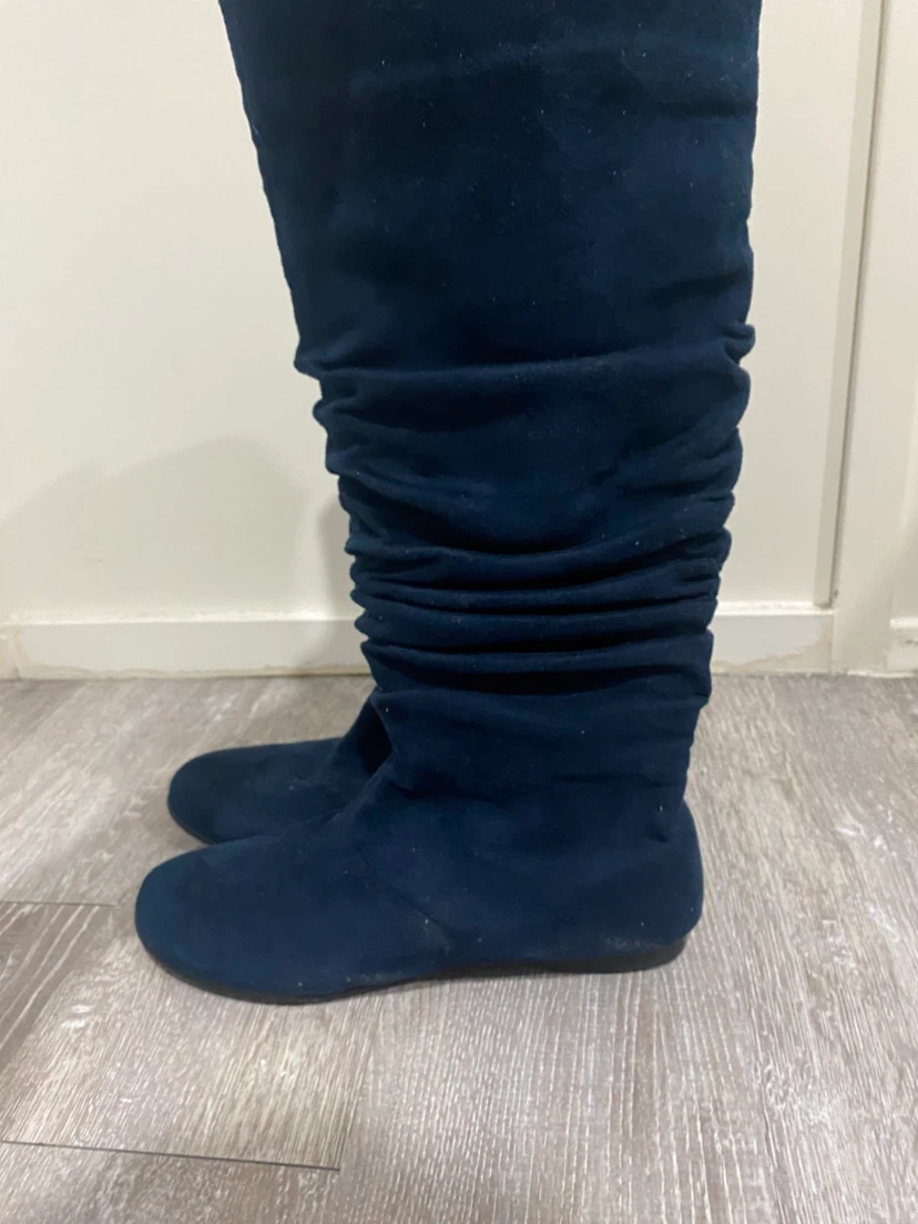 Navy Blue Suede Slouchy Knee-High Boots – Size 9 - photo 2