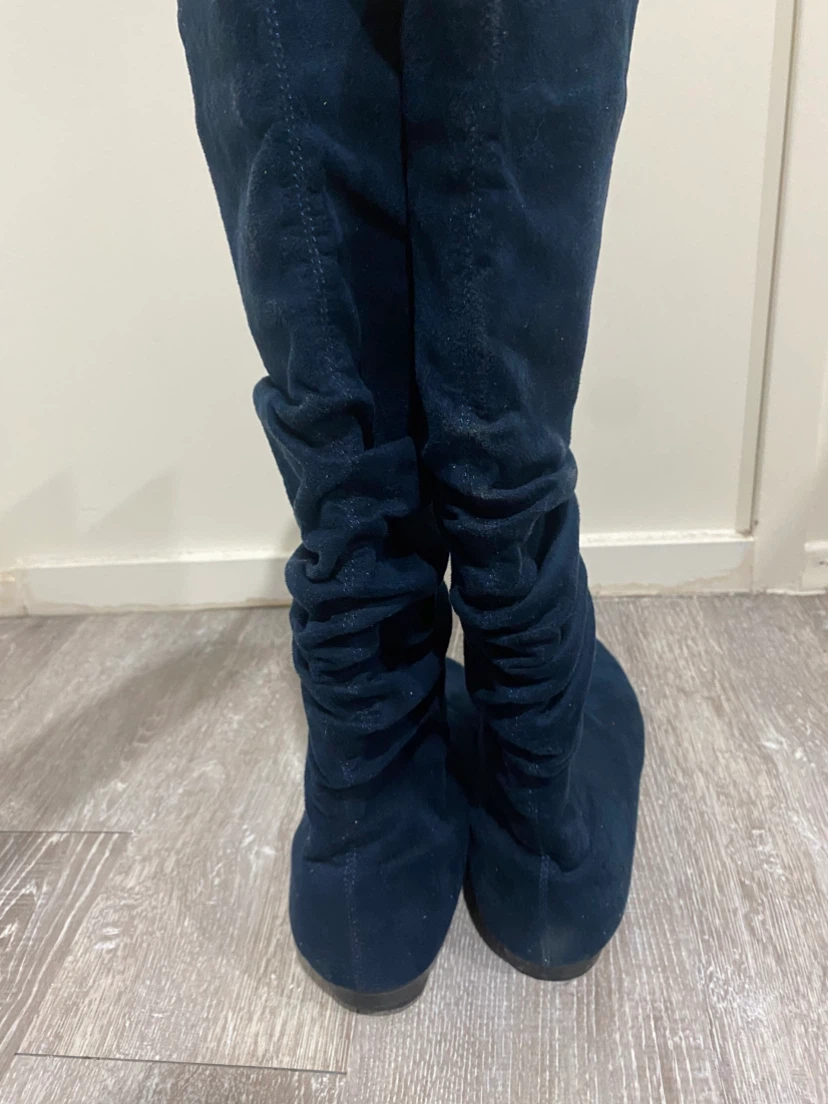 Navy Blue Suede Slouchy Knee-High Boots – Size 9 - photo 3