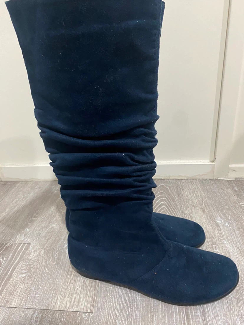 Navy Blue Suede Slouchy Knee-High Boots – Size 9 - photo 4