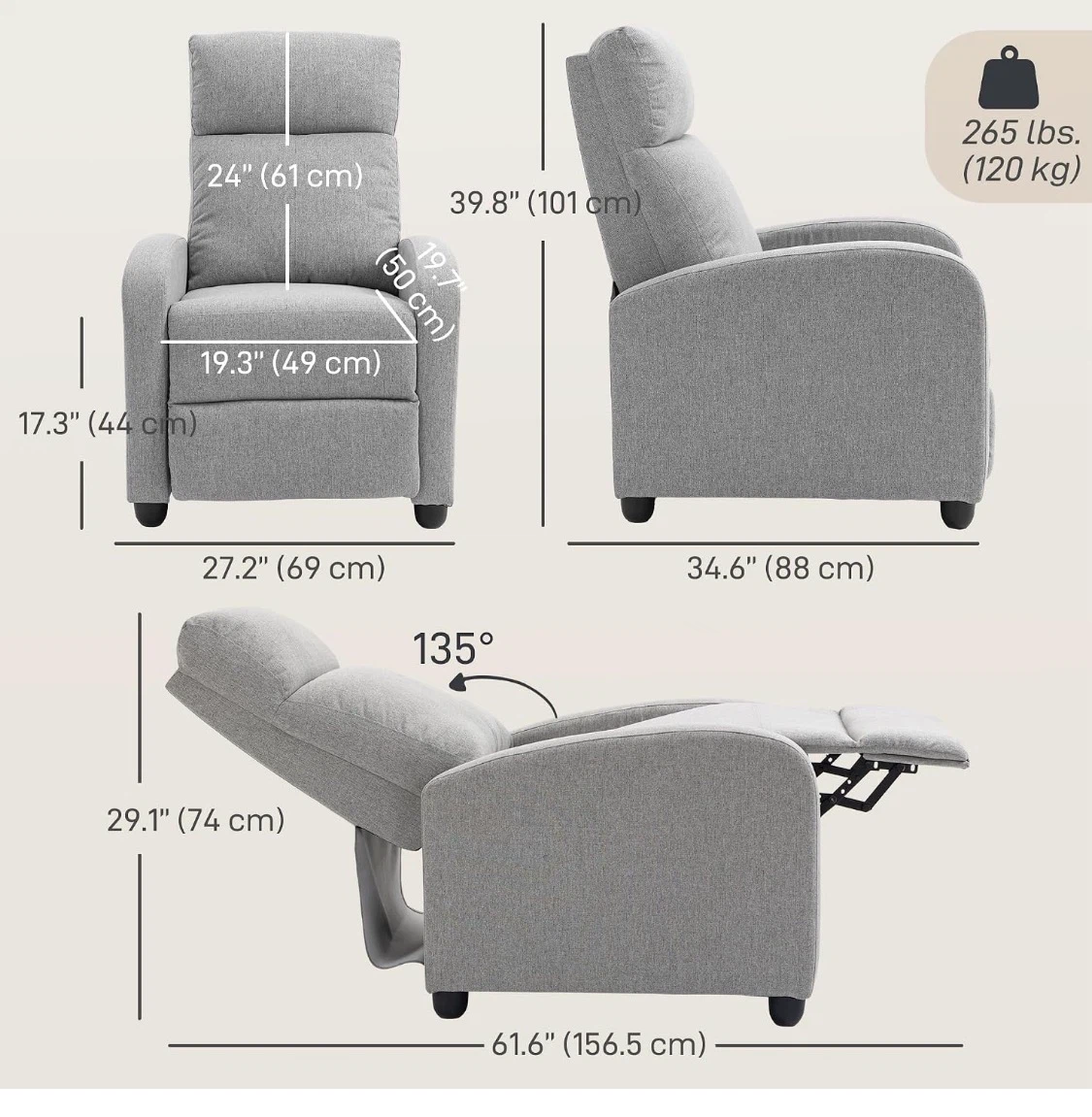 HOMCOM Light Grey Linen Fabric Push Back Recliner Chair - photo 2
