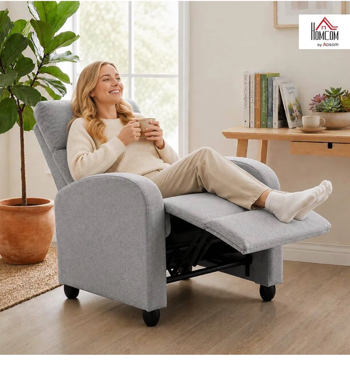 HOMCOM Light Grey Linen Fabric Push Back Recliner Chair - photo 3