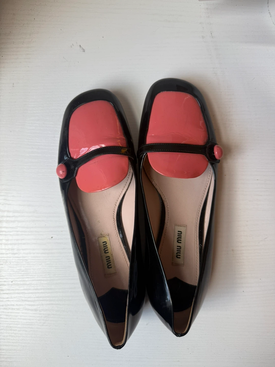Miu Miu Black and Pink Patent Leather Loafers