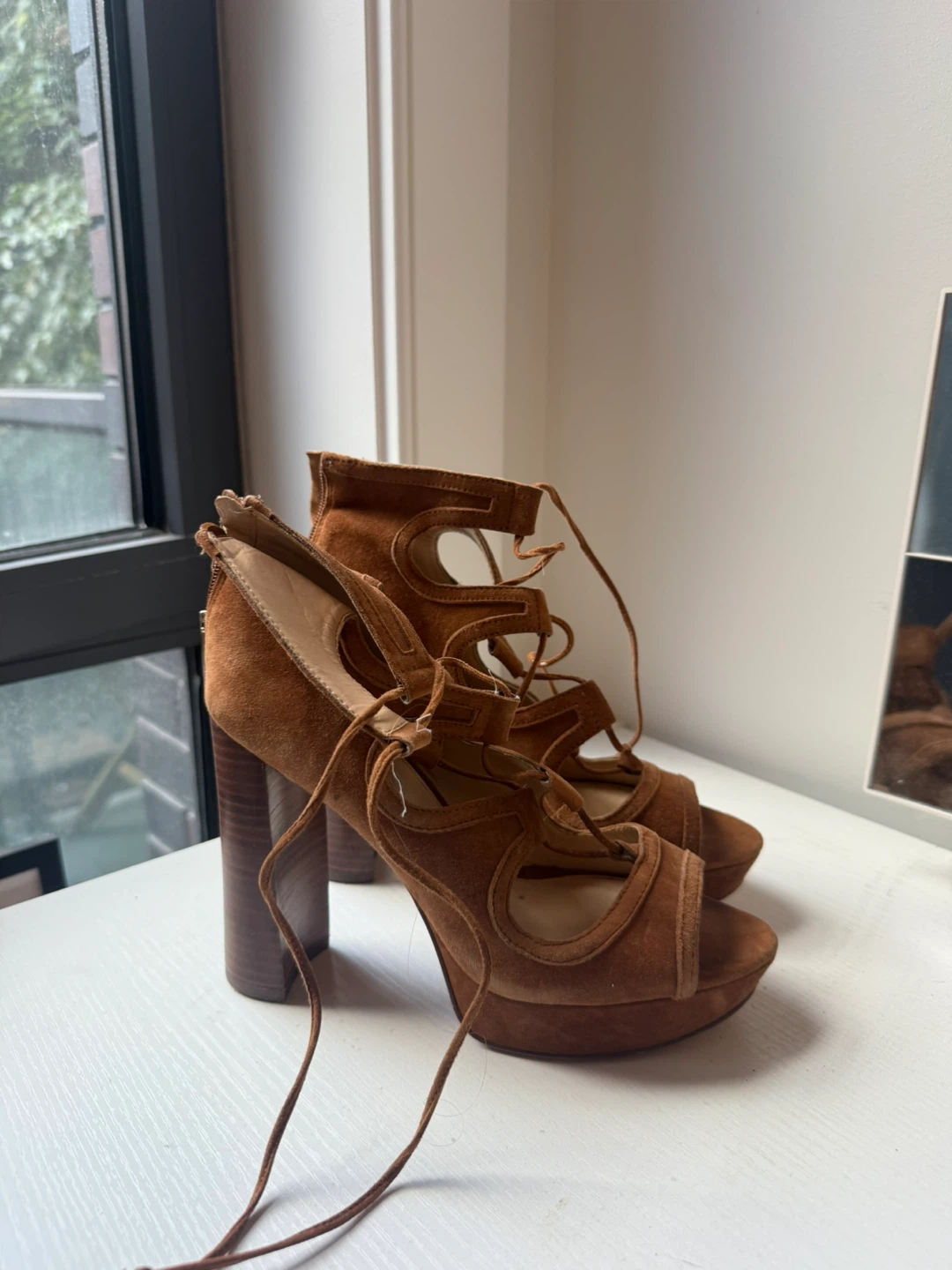Vince Camuto Tan Suede Lace-Up Platform Heels