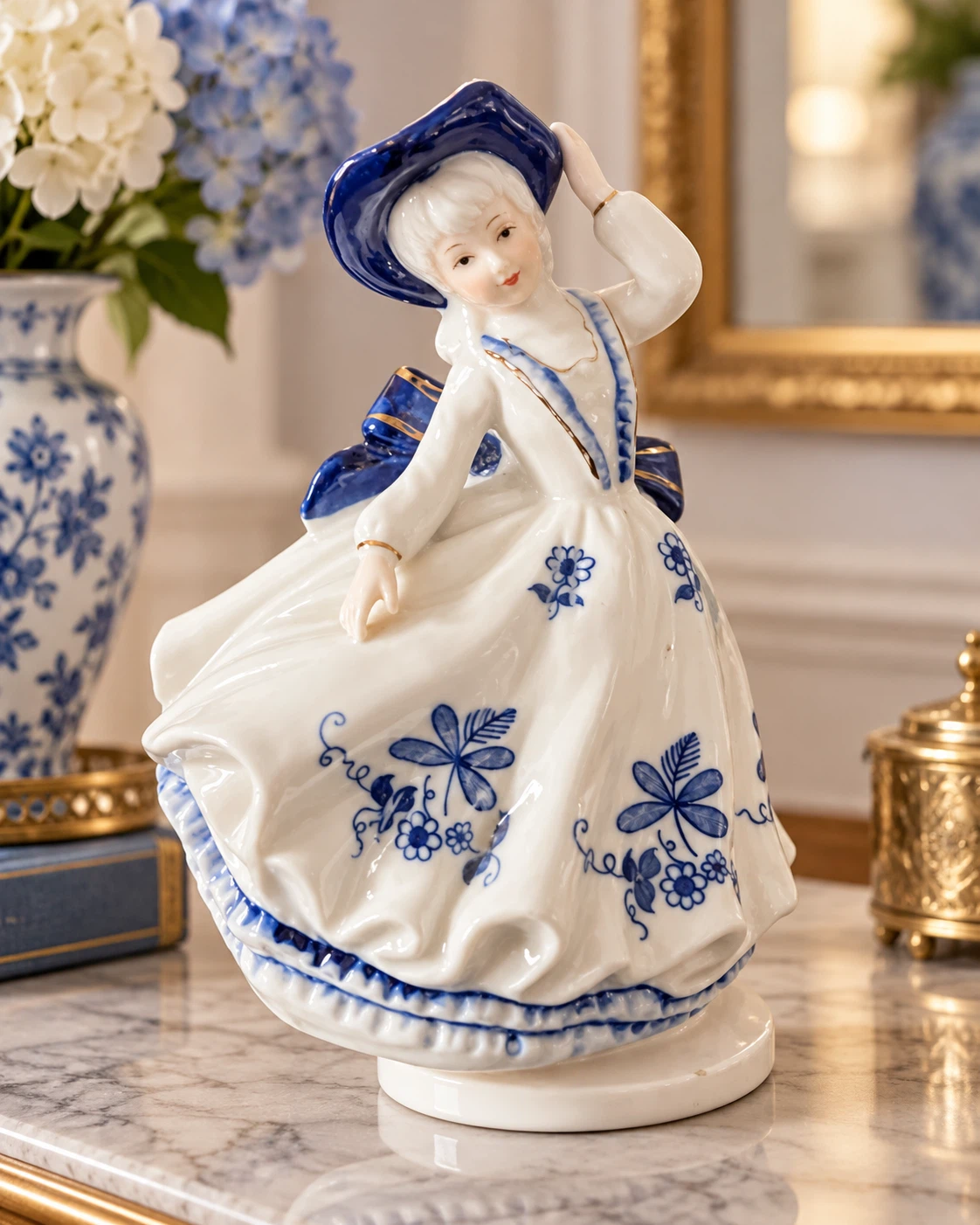 Vintage Porcelain Figurine Lady in Blue and White