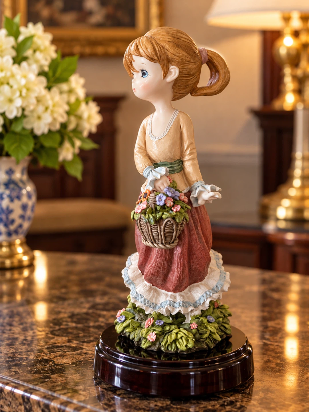 Vintage Porcelain Girl Figurine with Flower Basket
