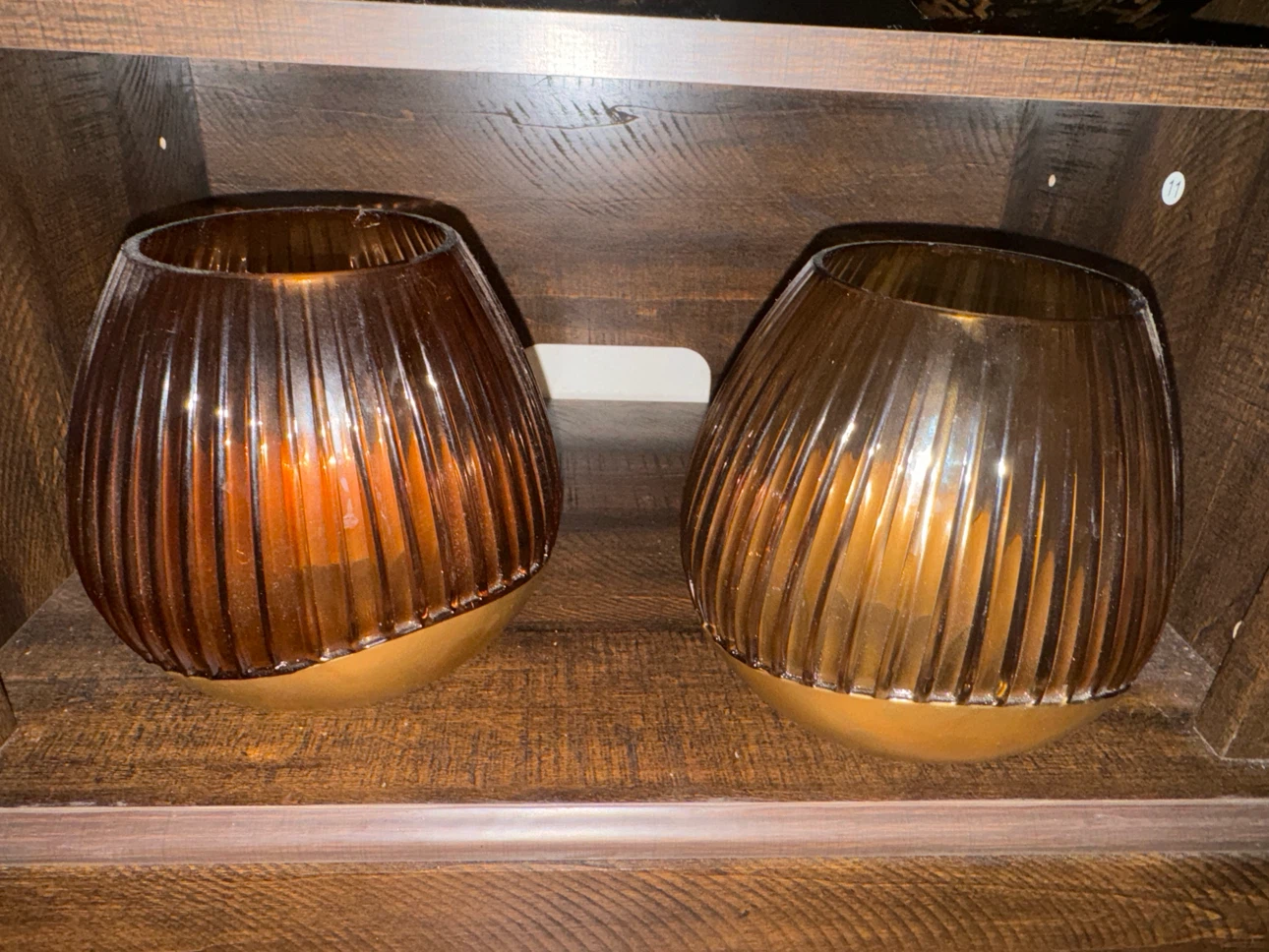 Set of Two Amber Ribbed Glass Votive Candle Holders