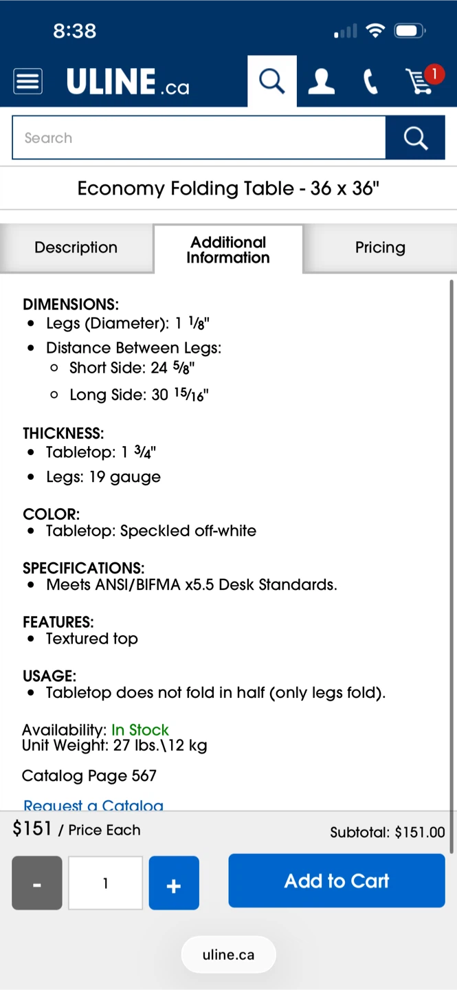 Uline Economy Folding Table 36 x 36 inch - photo 2