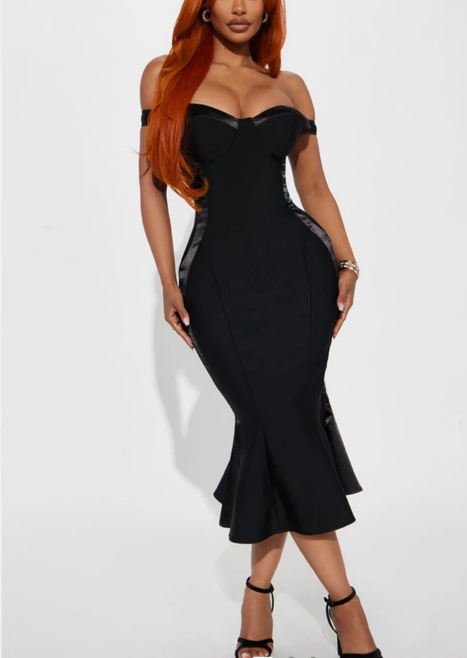 Fashion Nova Black Off-Shoulder Midi Dress