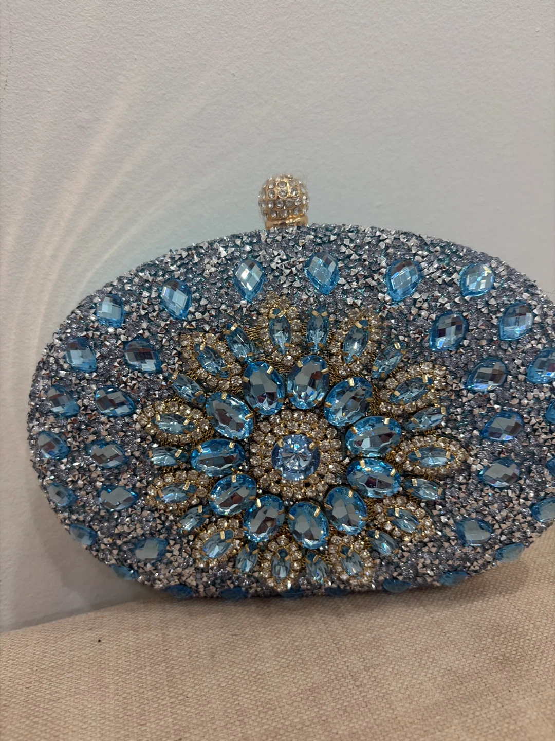 Blue Crystal Embellished Clutch Bag