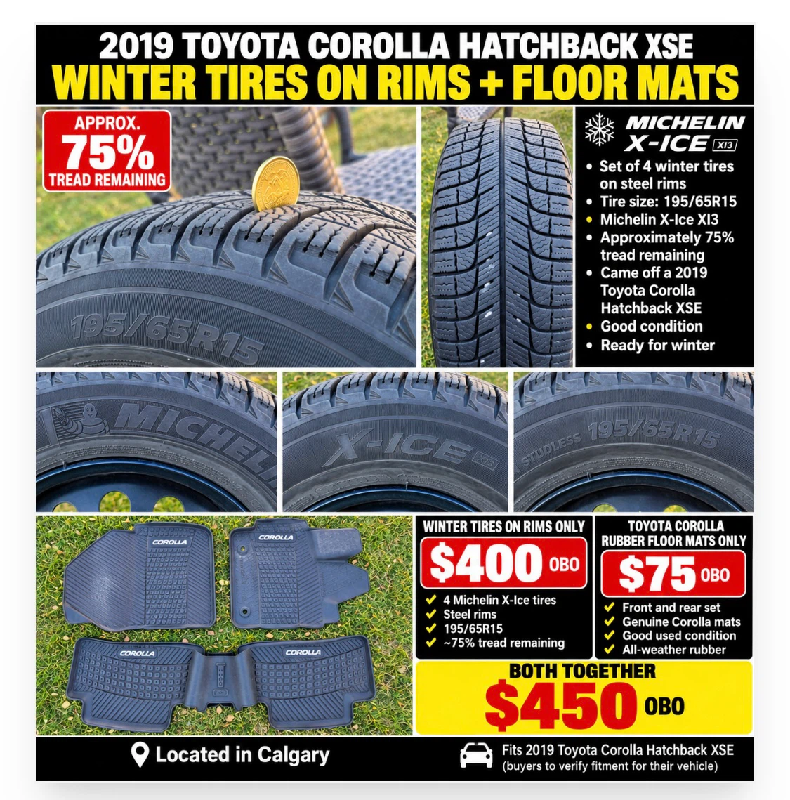 Michelin X-Ice Winter Tires on Rims and Toyota Floor Mats