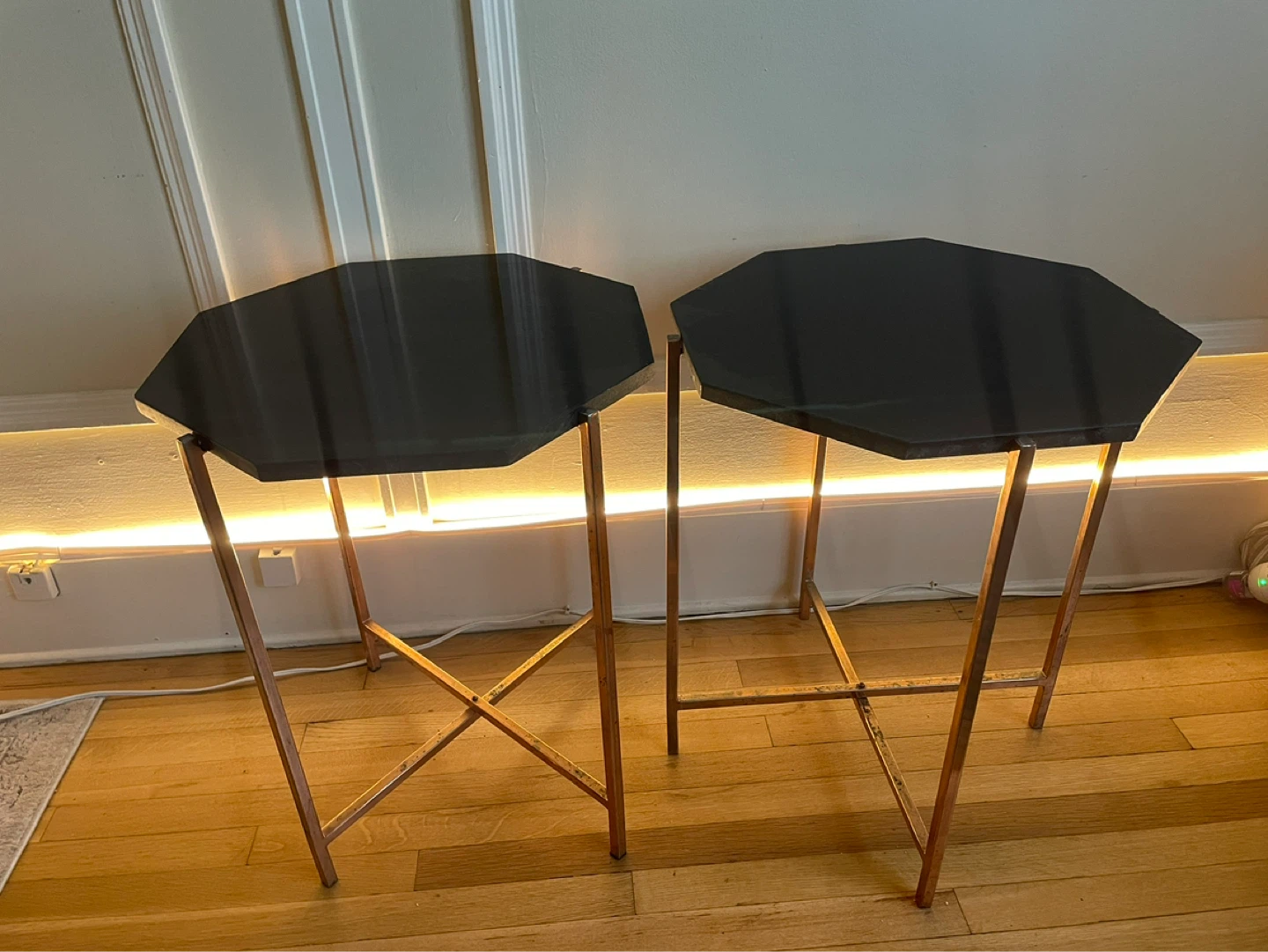 Pair of Granite Octagon Side Tables, Folding Copper Bases