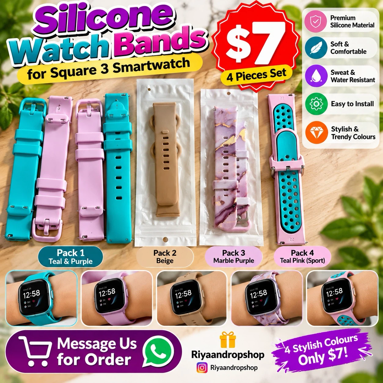 Silicone Watch Bands for Square 3 Smartwatch 4-Pack