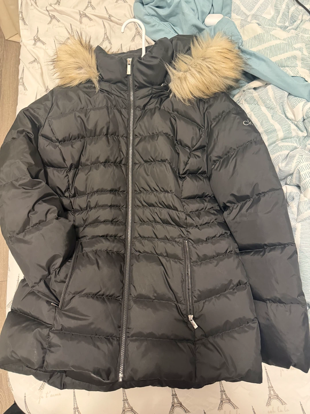 Calvin Klein black puffer coat with faux fur hood