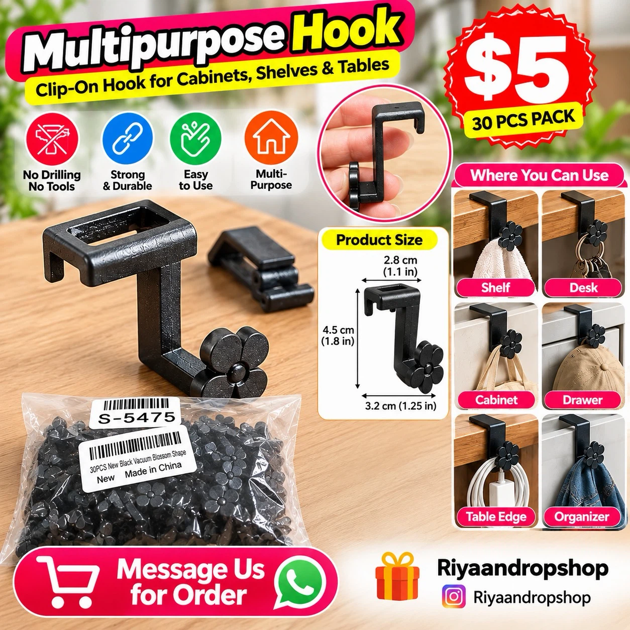 30 Piece Black Flower Multipurpose Clip-On Hooks