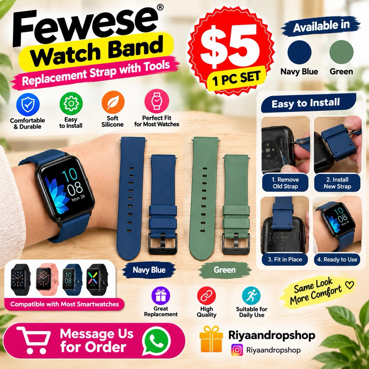 Fewese Replacement Watch Band with Tools