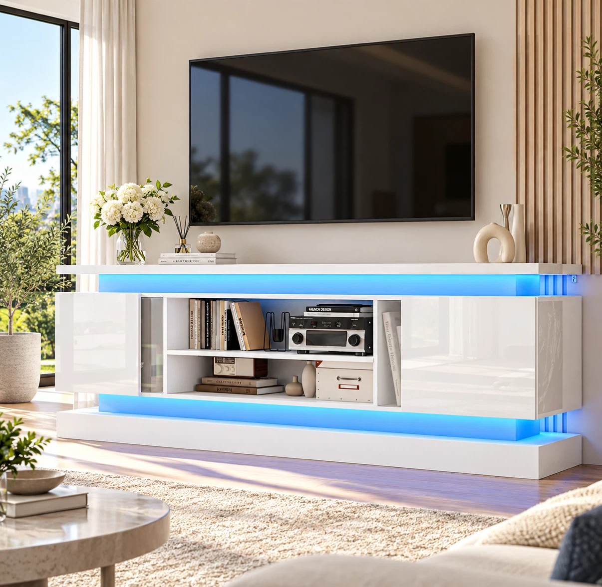 Modern White TV Stand with LED Lighting
