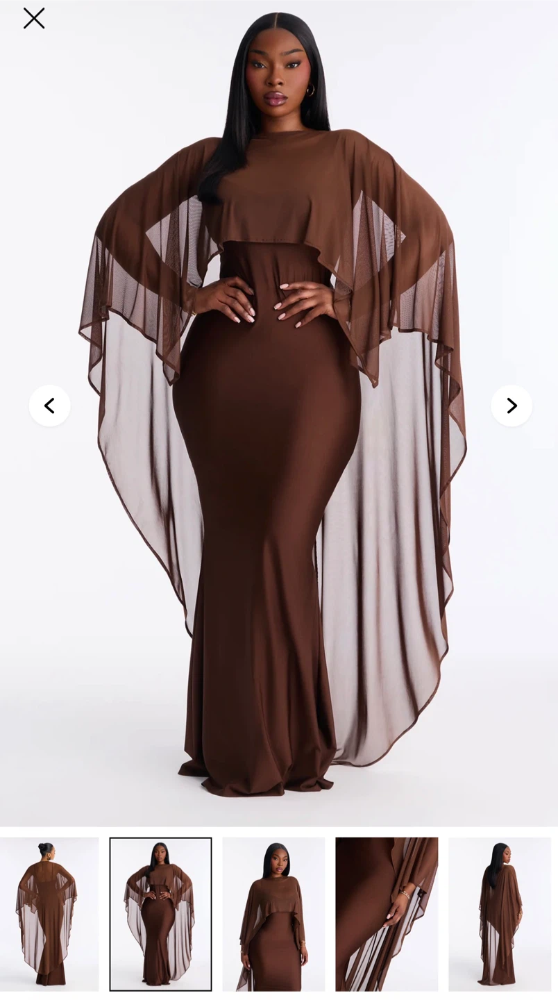Brown Mesh Cape Maxi Dress L