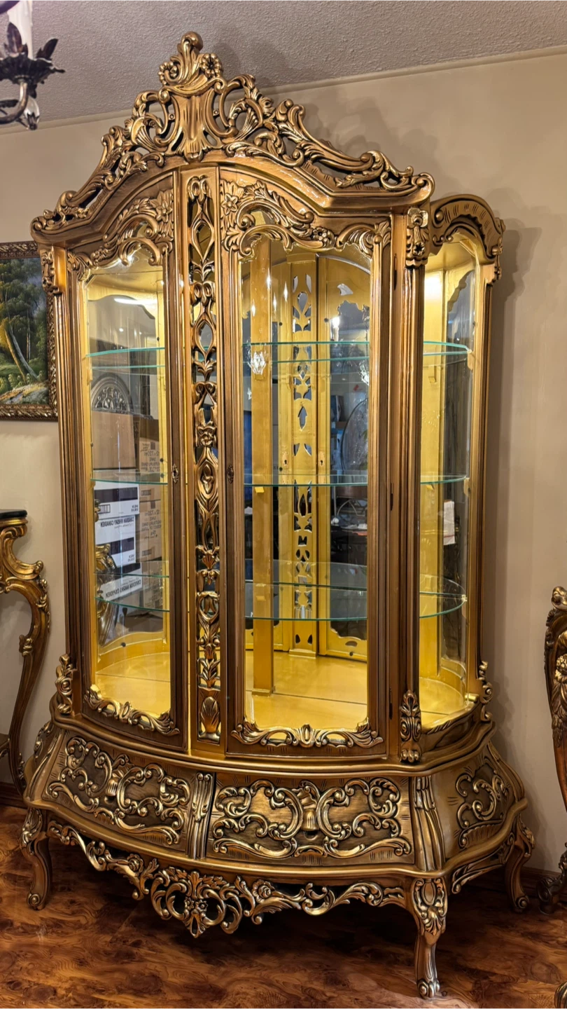 Vintage Ornate Gold French Rococo Style Curio Display Cabinet